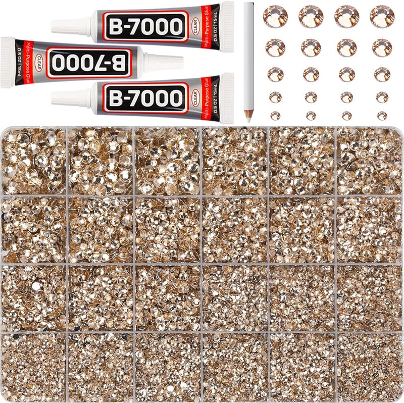 Worthofbest 32000Pcs Gold Champagne Rhinestones for Bedazzling, Resin 2,3,4,5,6mm Mix Sizes Flatback Bedazzle Tan Gems Diamonds Gemstones Jewels Stones Crystals with B7000 Glue for Crafting Crafts Clothes - Image 1